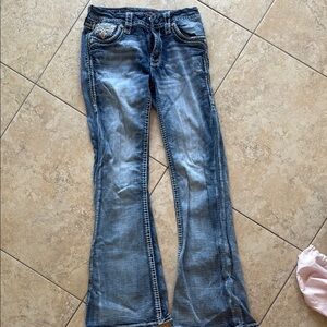 Rock Revival Blue Flare Wide Leg Jeans with Distressed Details